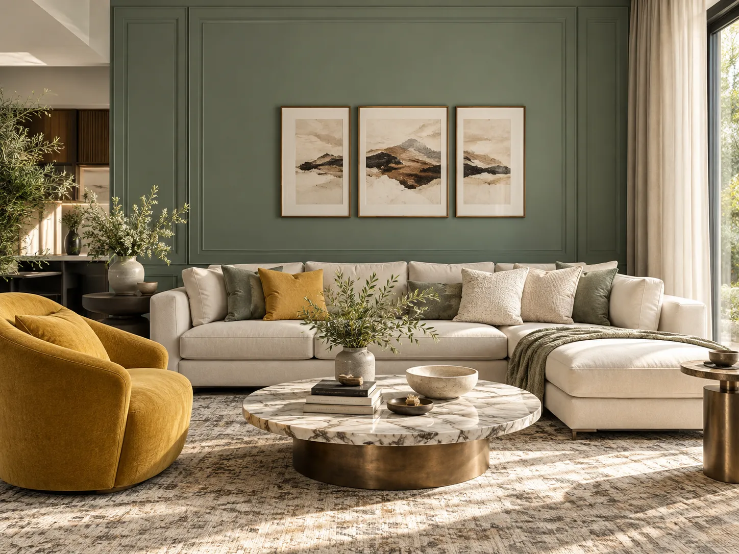 Relaxed family living room with a sage green wall, cream sectional and ochre lounge chair