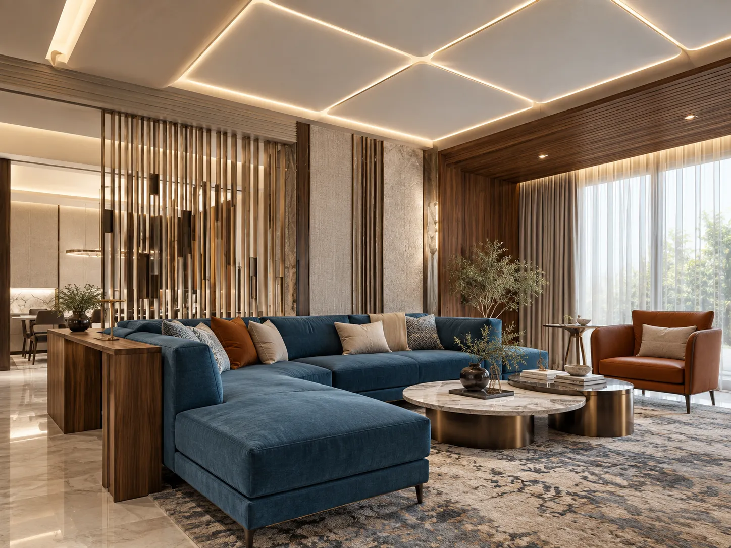 Contemporary living room with a deep blue sectional, warm timber accents and geometric ceiling lighting