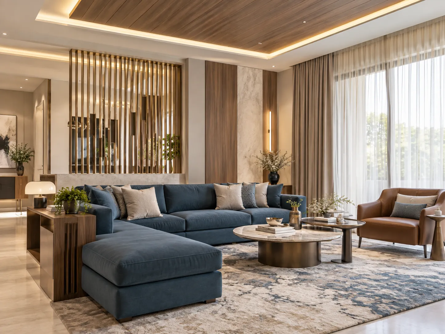 Sunlit living room with a blue sectional, timber ceiling, marble surfaces and sheer curtains