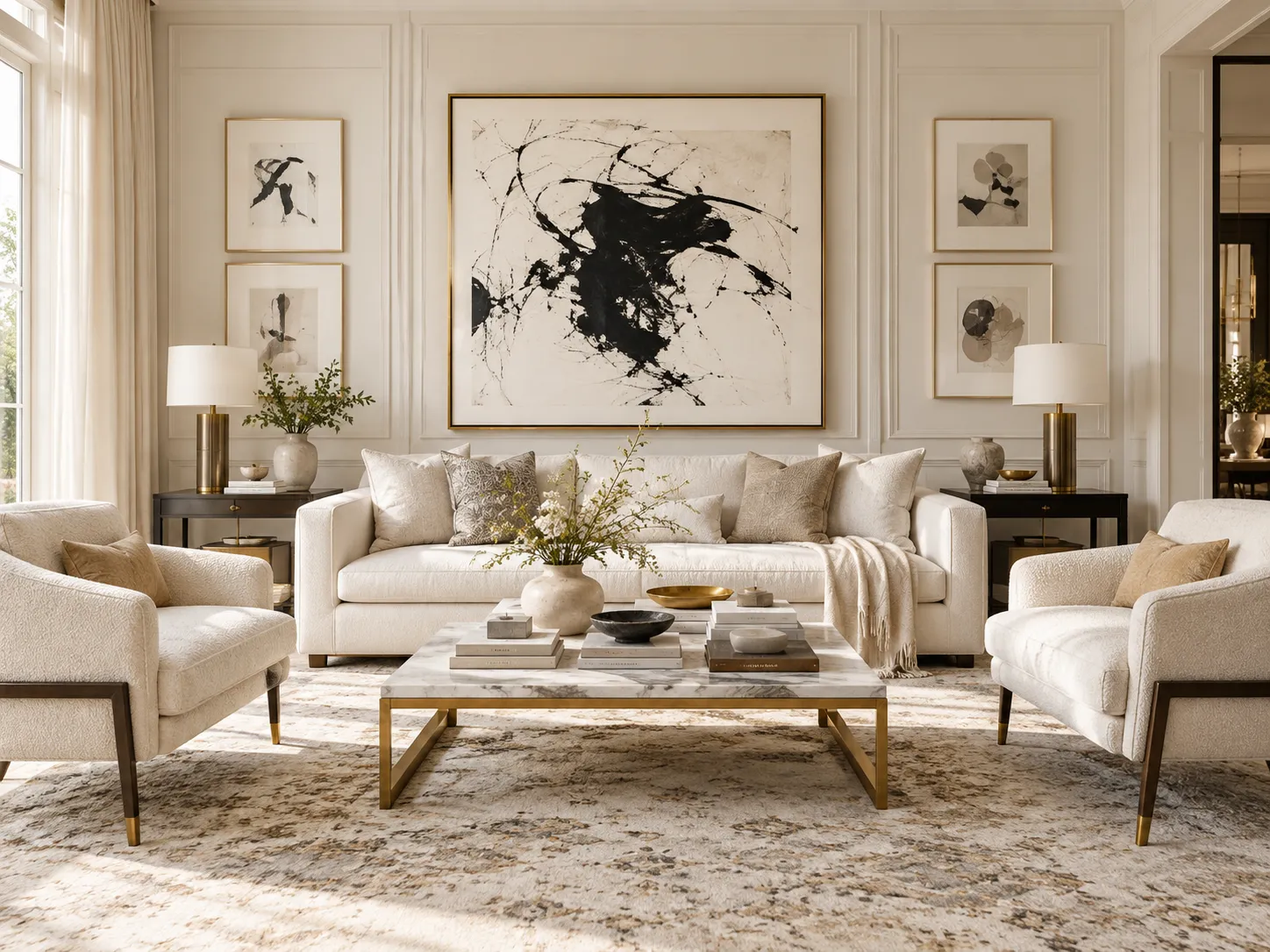 Light-filled living room with cream seating, large abstract artwork and a marble coffee table