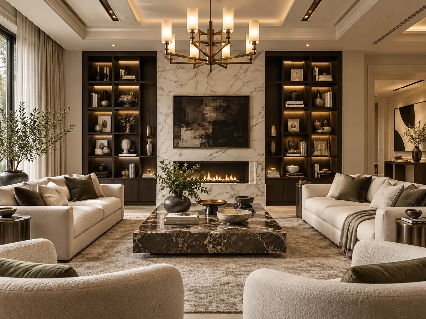 Large contemporary lounge arranged symmetrically around a fireplace with warm neutral furnishings
